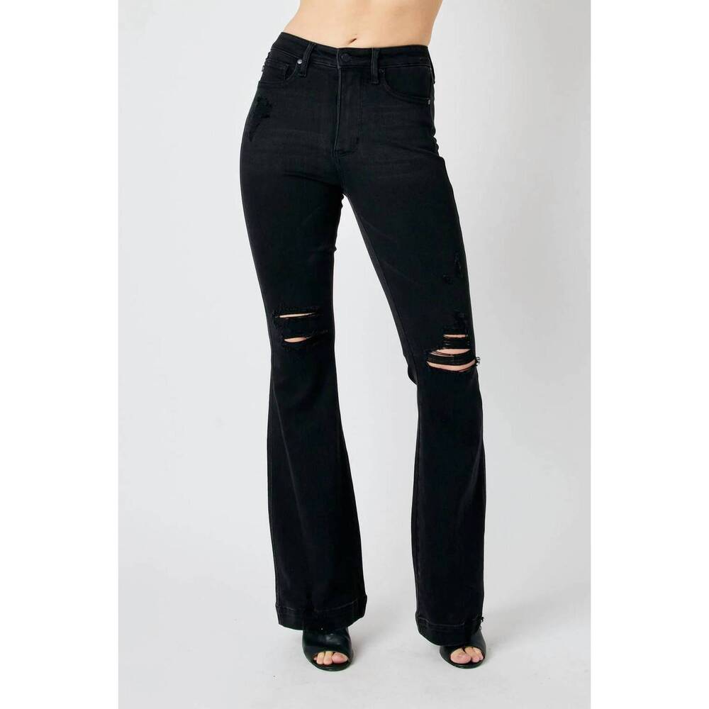 NEW JUDY BLUE high waist tummy control destroy flare jeans in black